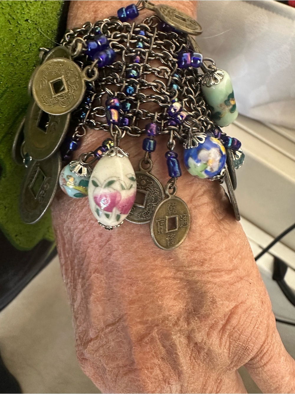 Beaded Coin Charm Bracelet with Blue and Green Porcelain Charms